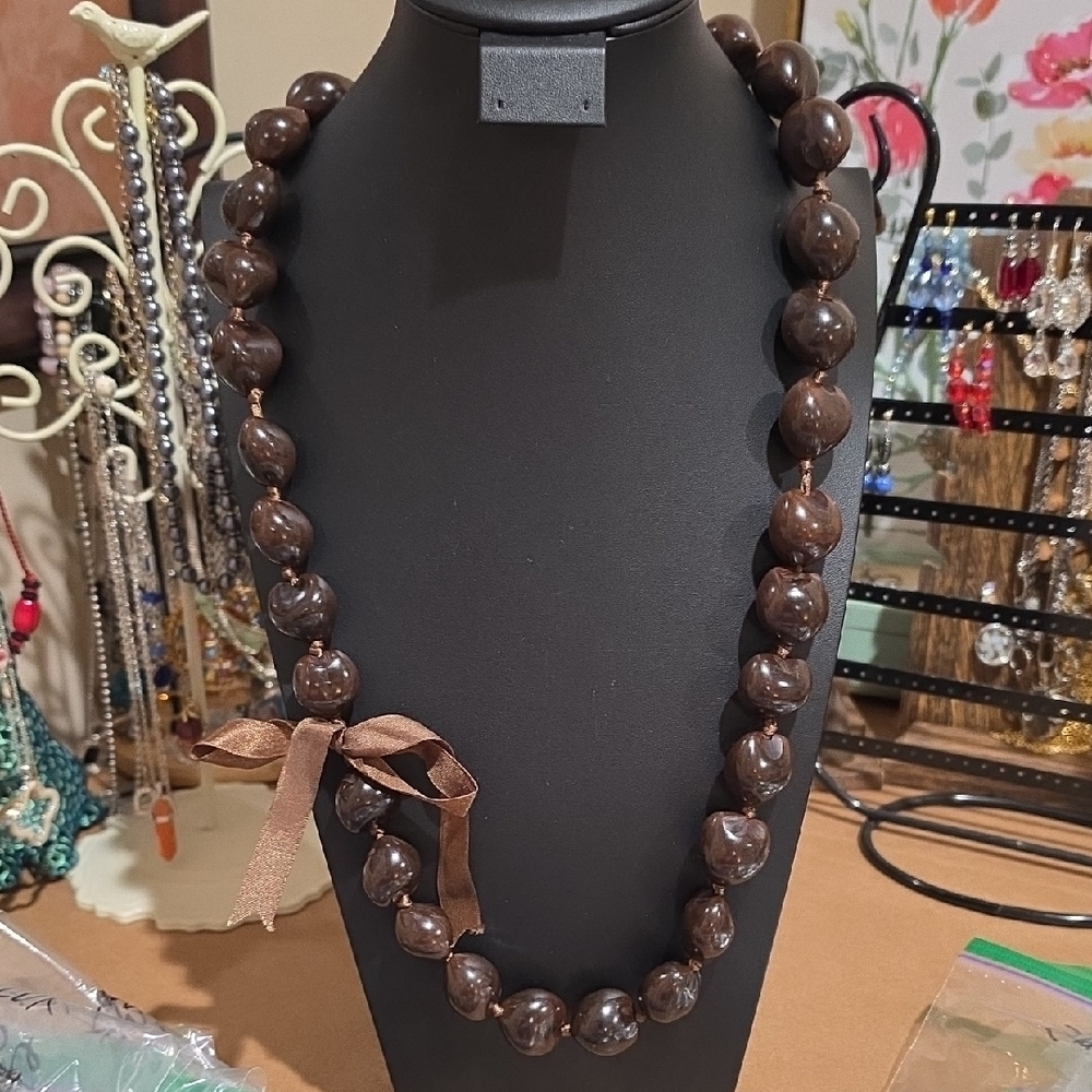 Brown Beaded Necklace with Satin Bow Accent